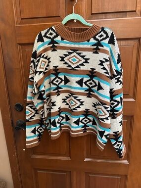 Savanna Jane Aztec Crewneck Sweater in Cream, Brown & Teal